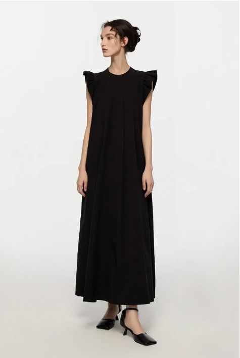 Black Ruffle Cap-Sleeve Trapeze Maxi Dress