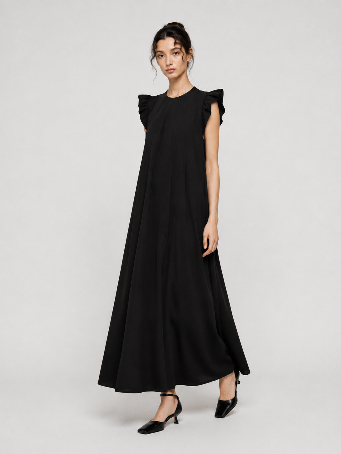Black Ruffle Cap-Sleeve Trapeze Maxi Dress